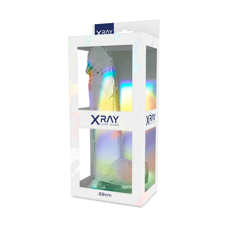 Gode réaliste transparent 22cm avec veines détaillées, compatible harnais, ventouse puissante, submersible, hypoallergénique.