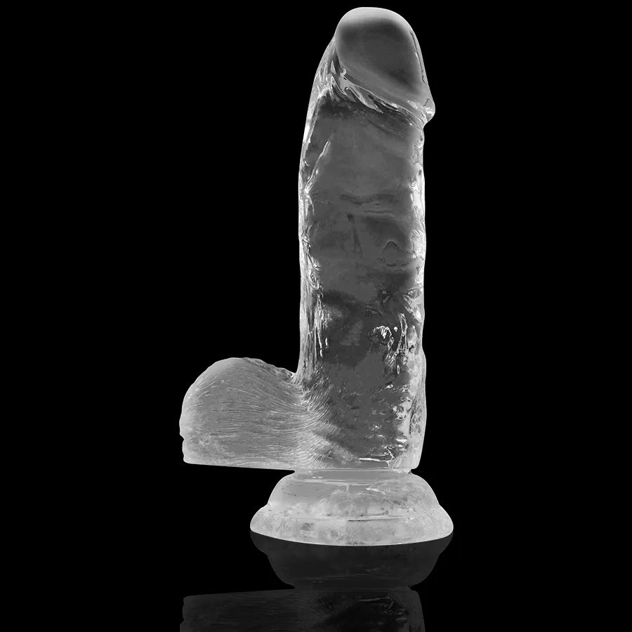 Gode réaliste transparent en gelée, veiné, avec ventouse, hypoallergénique, flexible, forme anatomique, fond noir.
