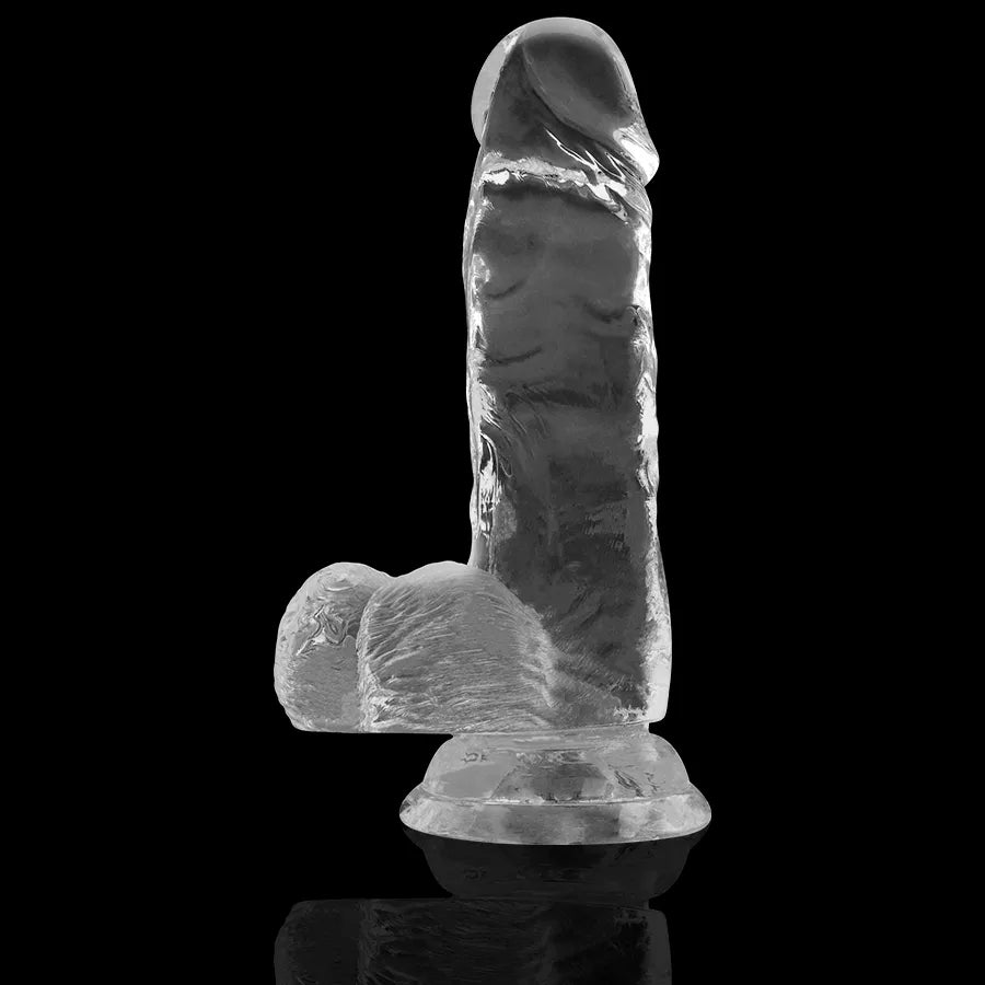 Gode réaliste transparent en gelée, veiné, avec ventouse, hypoallergénique, flexible, forme anatomique, fond noir.
