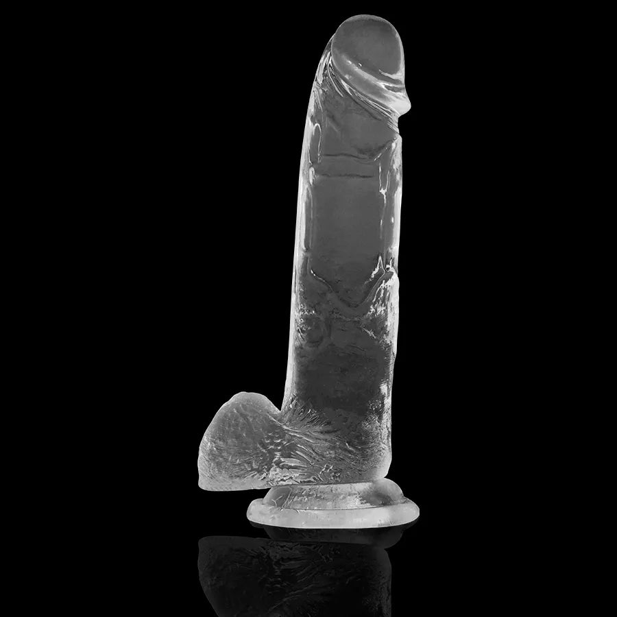 Gode réaliste transparent flexible avec veines et tête sculptée, ventouse puissante, hypoallergénique sans phtalates.