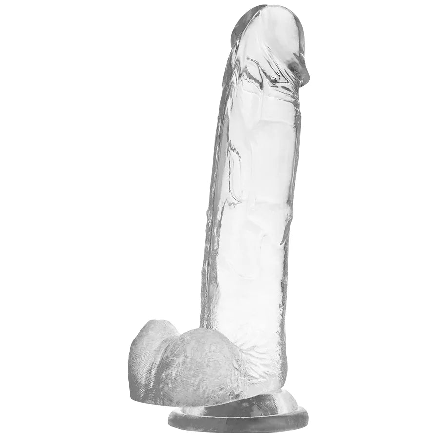 Gode réaliste transparent flexible avec veines et tête sculptée, ventouse puissante, texture soyeuse hypoallergénique.