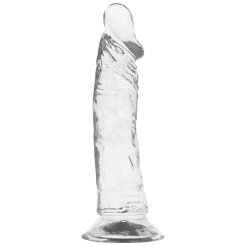 Gode réaliste transparent hypoallergénique 19 cm, base ventouse, matériau Jelly, sans phtalates, flexible et doux.