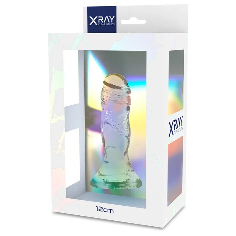 Gode réaliste transparent 12cm, hypoallergénique, avec ventouse puissante, détails veineux, dans emballage moderne.