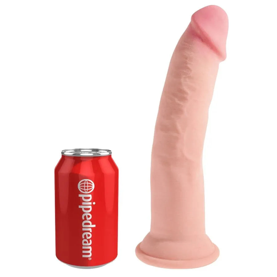 Gode réaliste triple densité beige avec ventouse, texture soyeuse, à côté d'une canette rouge pour comparaison de taille.