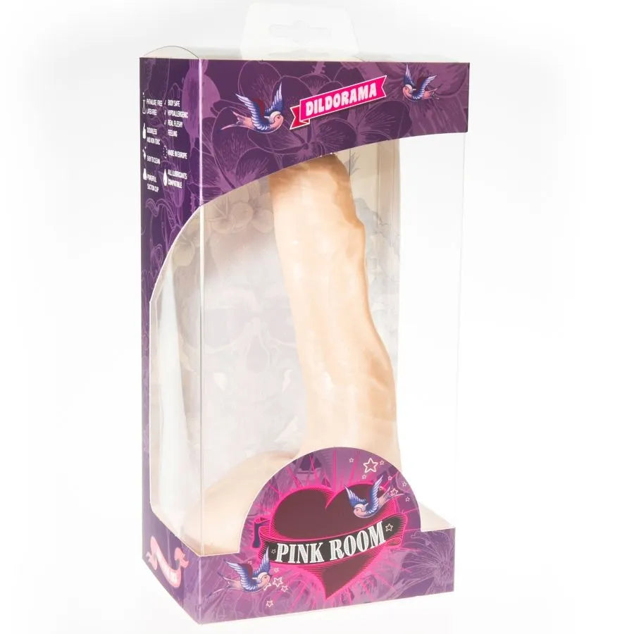 Gode réaliste beige 23cm avec ventouse, dans boîte rose et violette, hypoallergénique, sans phtalates, mains libres.
