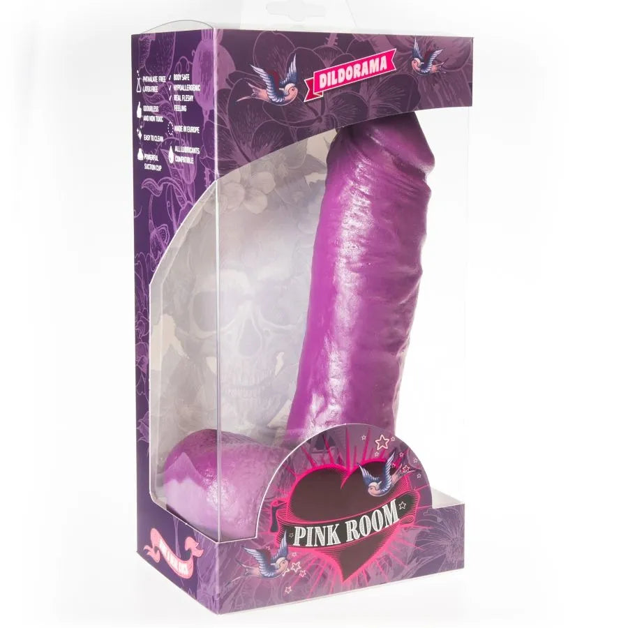 Gode réaliste violet avec ventouse, texture détaillée, en PVC hypoallergénique, dans emballage Pink Room.