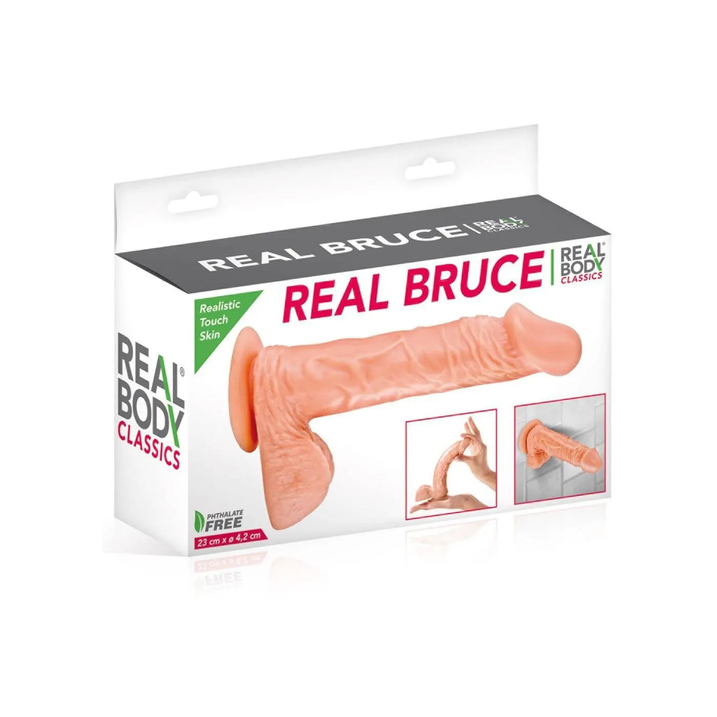 Gode réaliste veiné avec ventouse puissante, couleur chair, texture anatomique, testicules, longueur 23cm, diamètre 42mm.