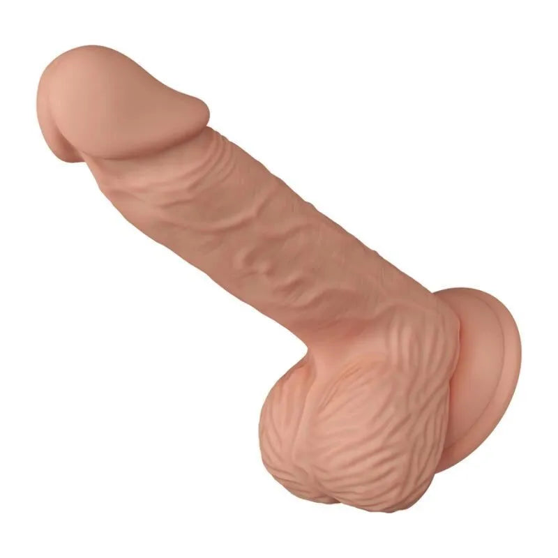 gode réaliste ventouse robuste texture charnue couleur naturelle détails anatomiques testicules longueur insérable quatorze centimètres fixation