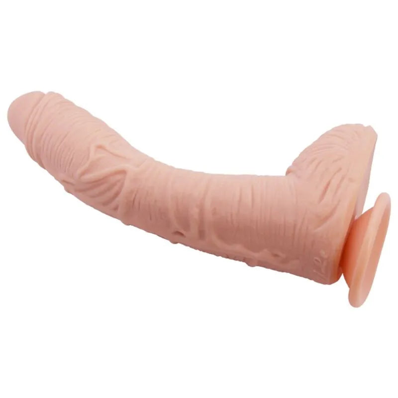 Gode réaliste courbé beige avec ventouse, texture marbrée, tête bulbeuse, stimulation point G, TPR doux.