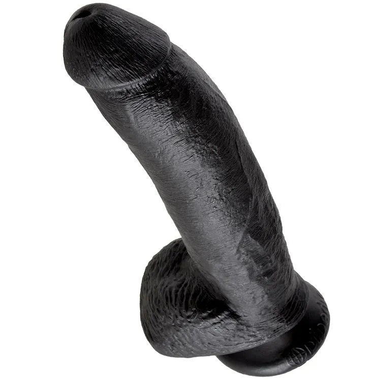 Gode réaliste noir avec ventouse, détails sculptés, hypoallergénique, fabriqué aux USA, sans phtalates ni latex.