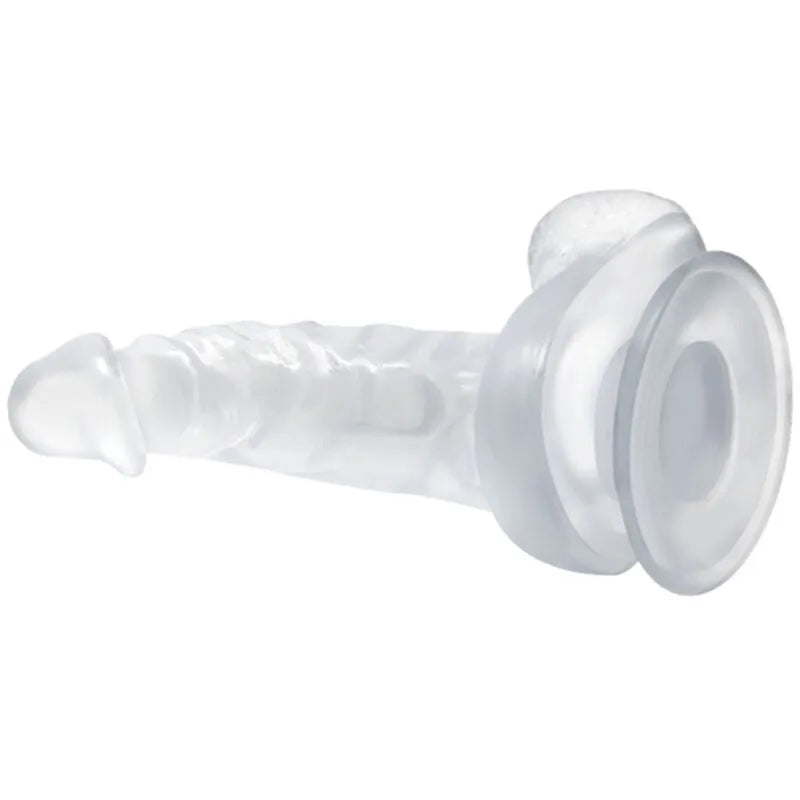 Gode réaliste transparent avec ventouse, texture souple, longueur 16 cm, diamètre 3,5 cm, hypoallergénique.