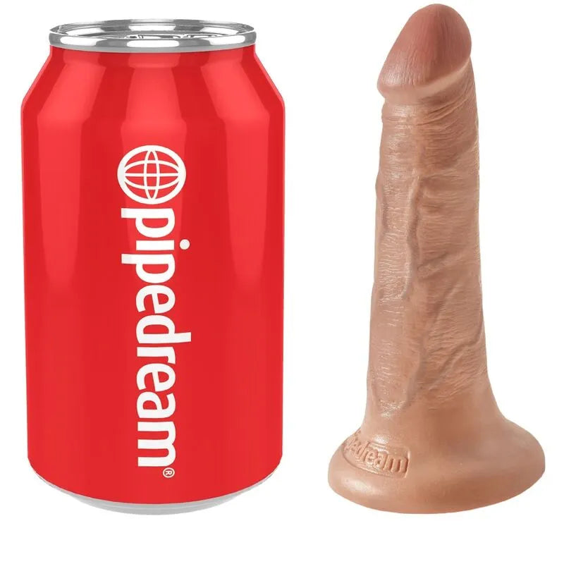 Gode réaliste ventouse PVC beige veines sculptées, 14cm, à côté d'une canette rouge pour comparaison taille.