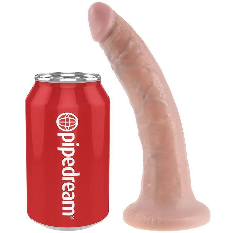 Gode réaliste veiné silicone beige avec ventouse, texture détaillée, à côté d'une canette rouge pour comparaison.