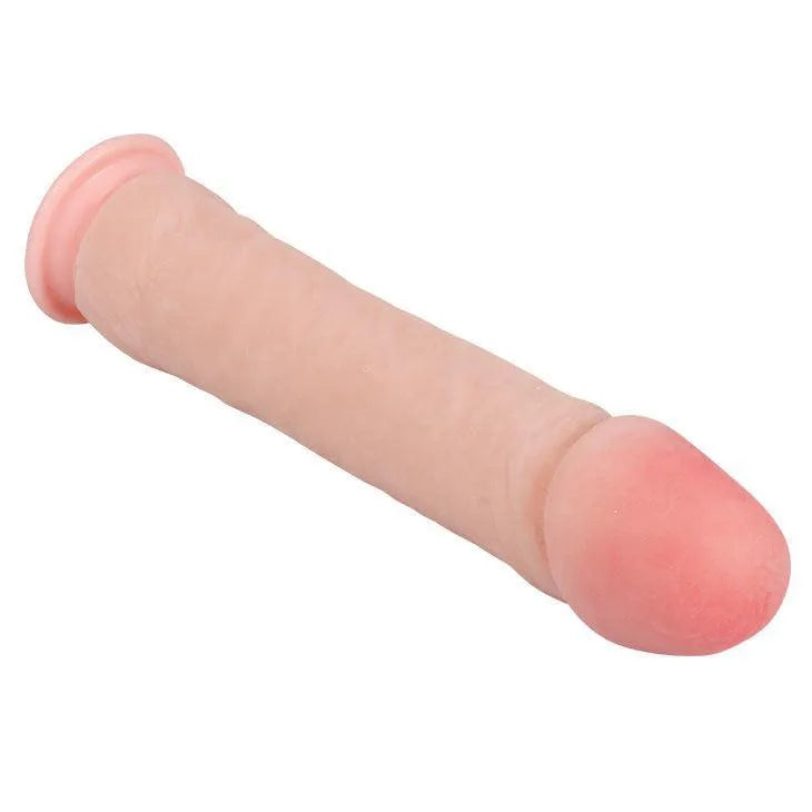 Gode réaliste beige avec ventouse, texture veiné, 26cm, diamètre 55mm, thermoplastique souple, surface plane adhérente.