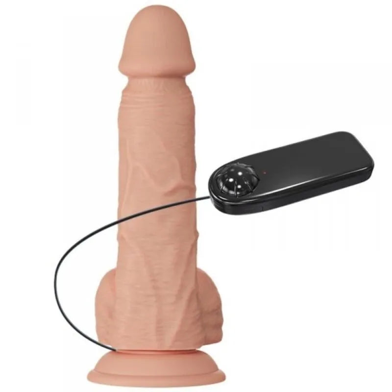 Gode réaliste vibrant beige en TPR avec base sous vide, télécommande noire, texture peau douce, fixation mains libres.