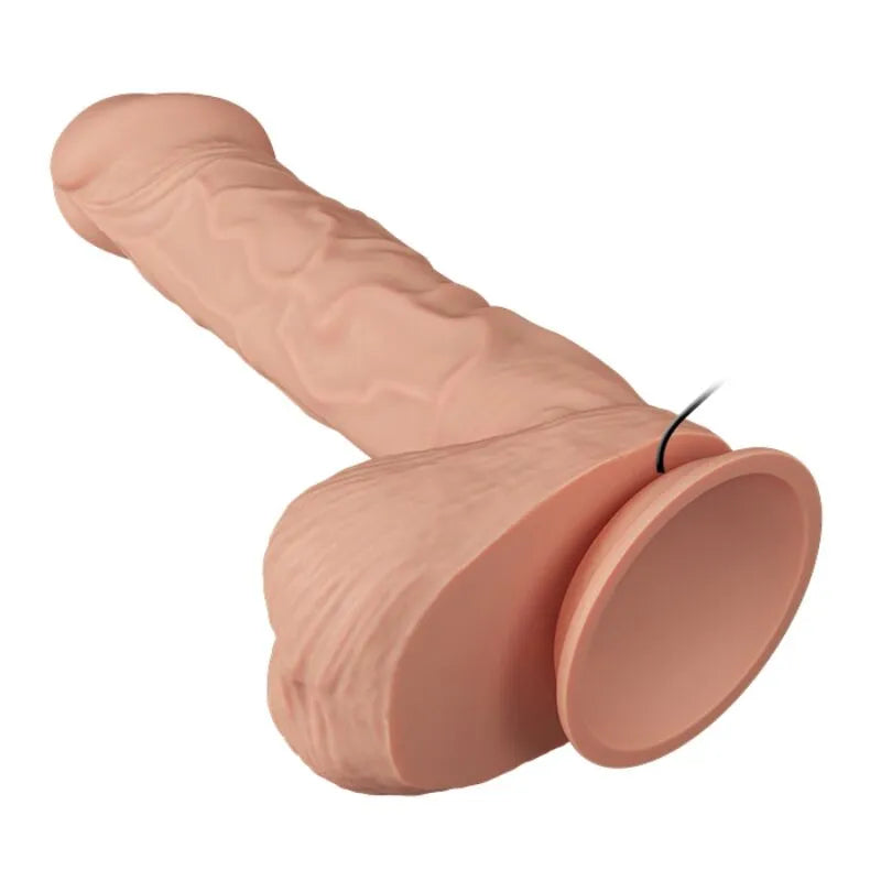 Gode vibrant réaliste en TPR beige avec ventouse, texture veinée, longueur 26cm, potentiomètre pour vibrations réglables.