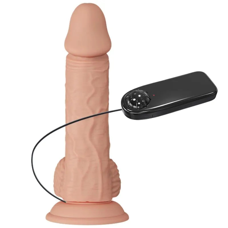 Gode réaliste vibrant TPR beige avec ventouse, texture peau, télécommande noire, 20cm x 44mm, vibrations réglables.