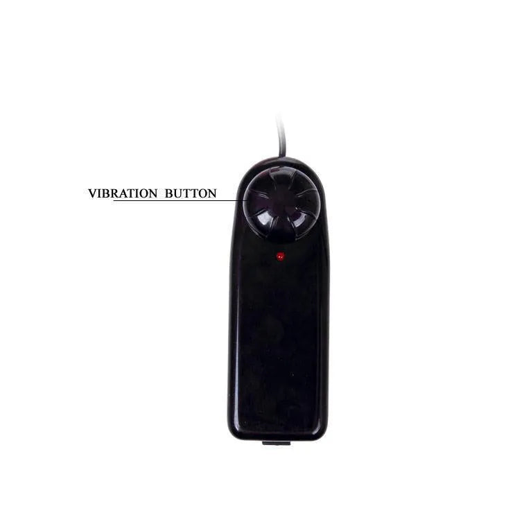 Télécommande noire filaire multivitesse pour gode vibrant réaliste, bouton de vibration visible, design ergonomique.