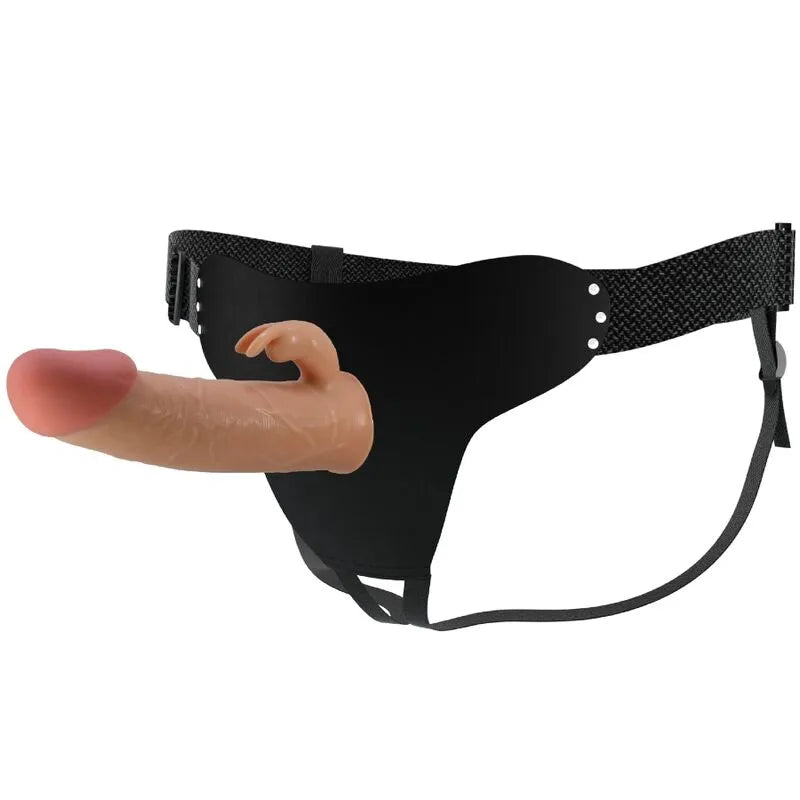 Gode lapin beige veiné avec harnais noir ajustable en nylon, texture réaliste, tête phallique, étanche et flexible.