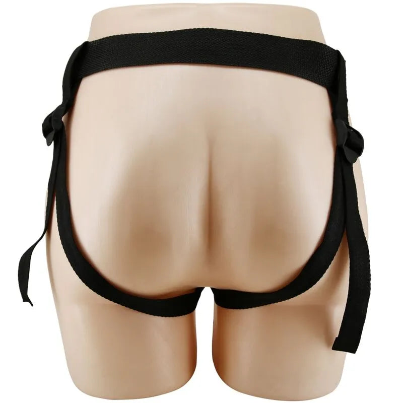 Harnais noir ajustable en nylon sur mannequin, conçu pour gode rabbit, sangles réglables pour confort et stabilité.