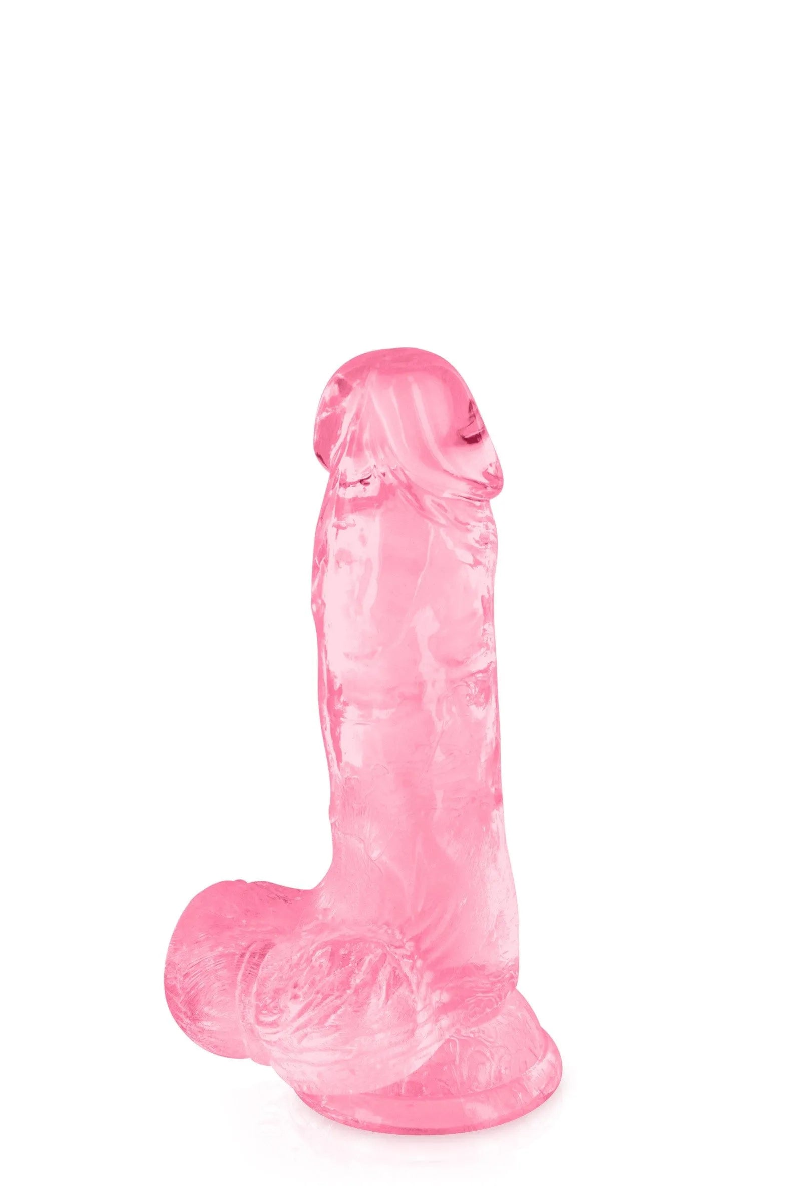 Gode réaliste rose translucide avec ventouse, texture douce, gland, testicules et veines saillantes en TPE sans phtalates.