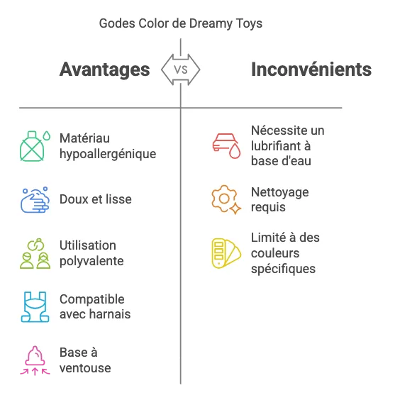 Gode silicone hypoallergénique coloré avec ventouse, adaptable harnais, doux et lisse, pour usage anal et vaginal.