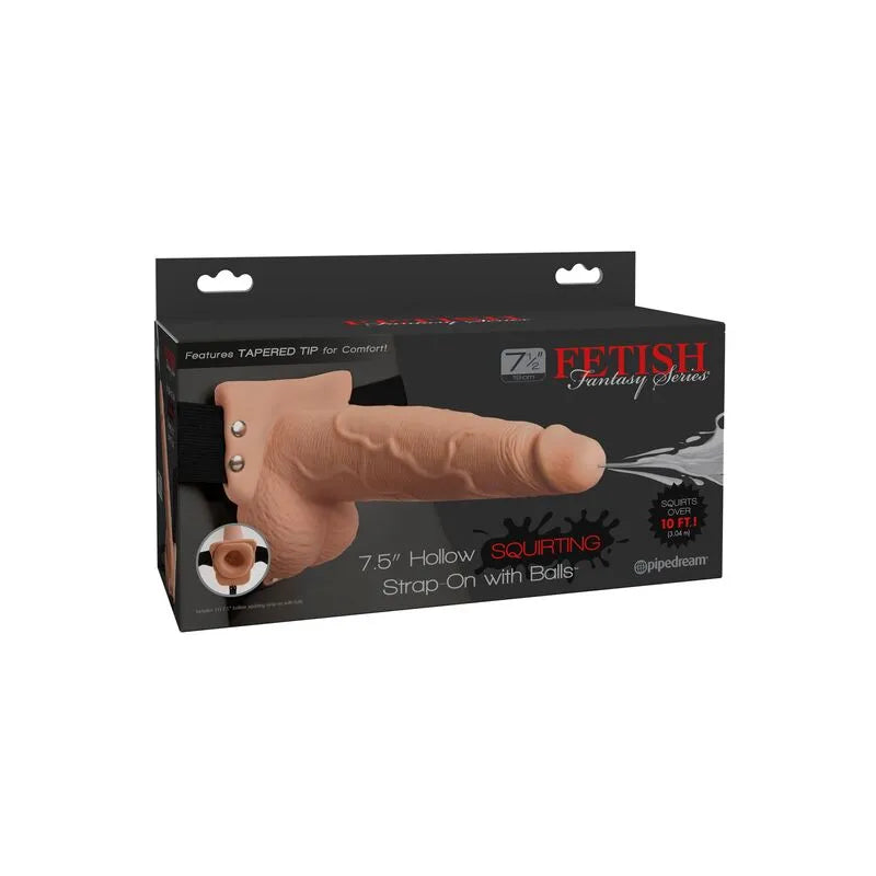 Gode réaliste éjaculant beige avec harnais ajustable, conçu pour dysfonction érectile, sur fond d'emballage noir.