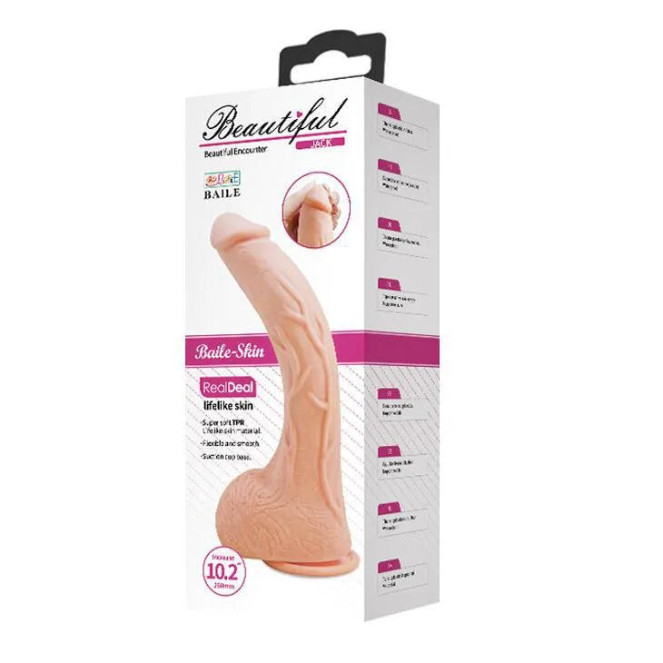 Gode réaliste incurvé beige avec ventouse, texturé pour stimulation intense du point G, emballage détaillé.