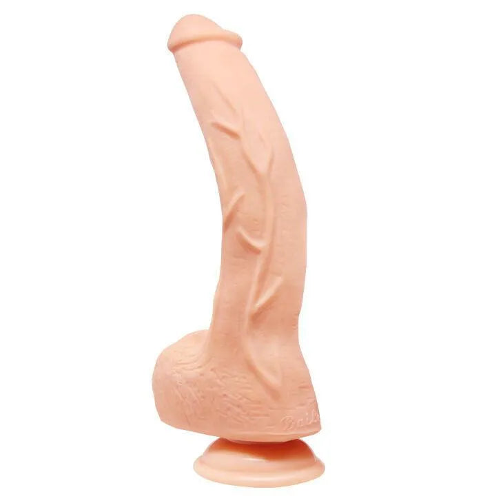 Gode réaliste incurvé beige avec ventouse, texture veinée, conçu pour stimulation point G.