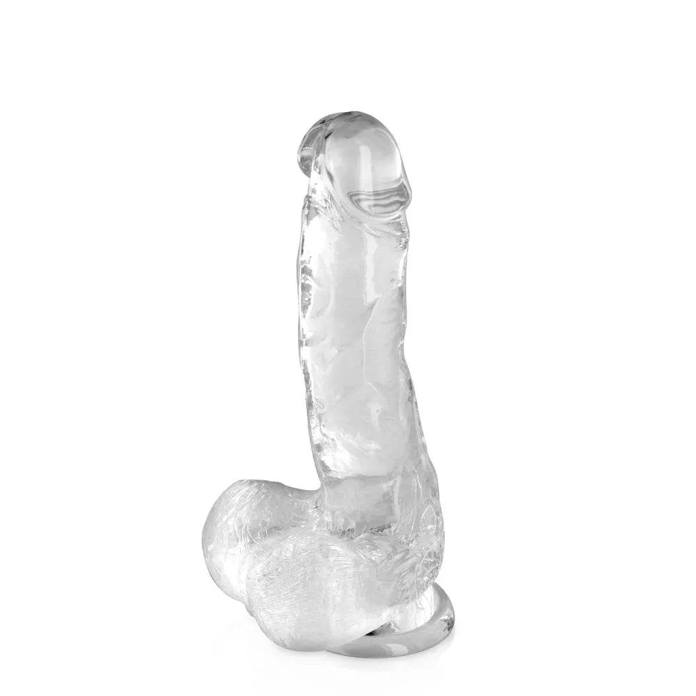 Gode transparent réaliste avec gland et testicules, ventouse résistante, TPE hypoallergénique, idéal débutants.