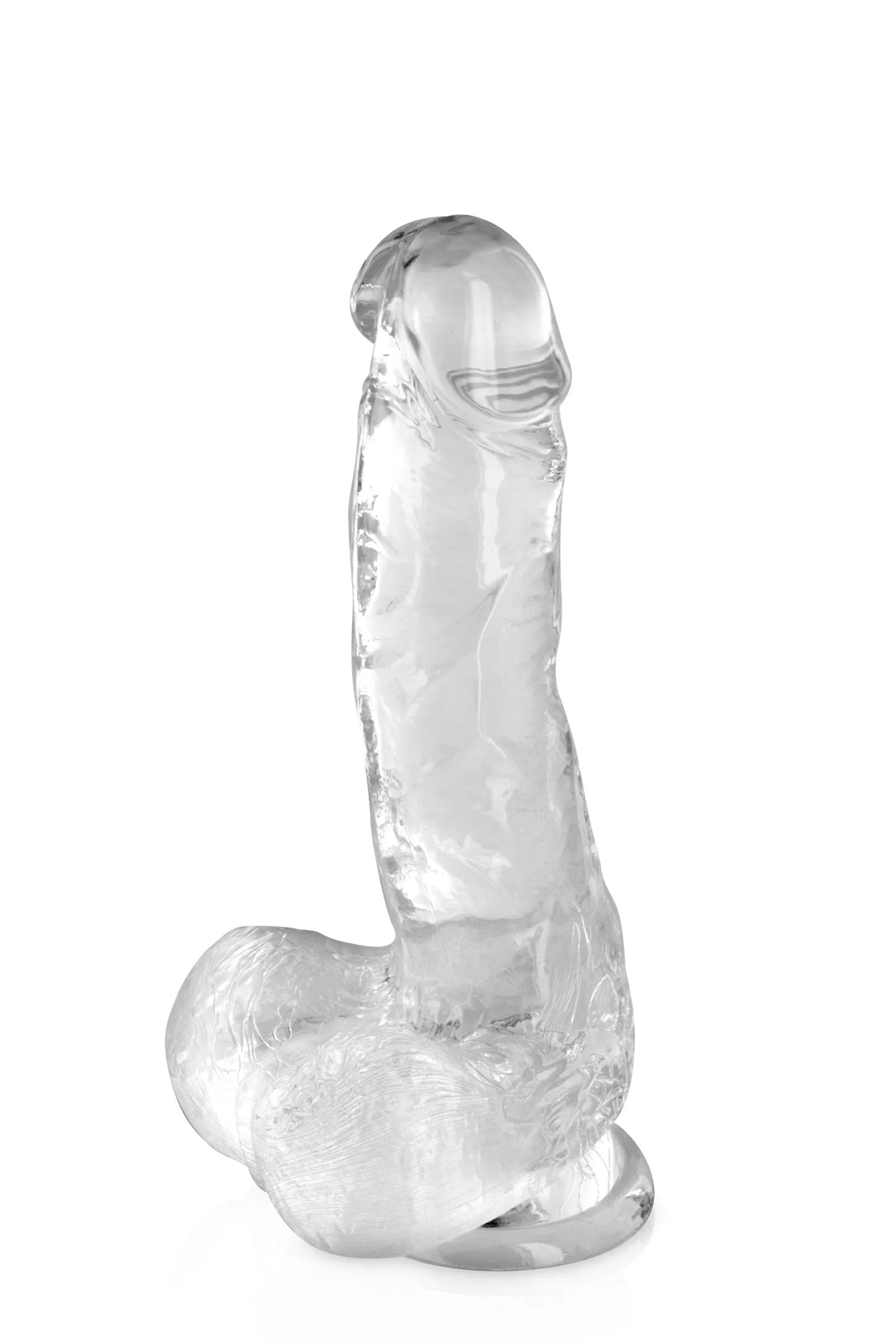 Gode transparent réaliste en TPE avec ventouse, gland et testicules, idéal débutants, hypoallergénique, sans phtalates.