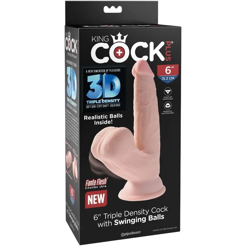 Gode réaliste triple densité beige avec ventouse, testicules oscillants, texture peau, sur fond noir.