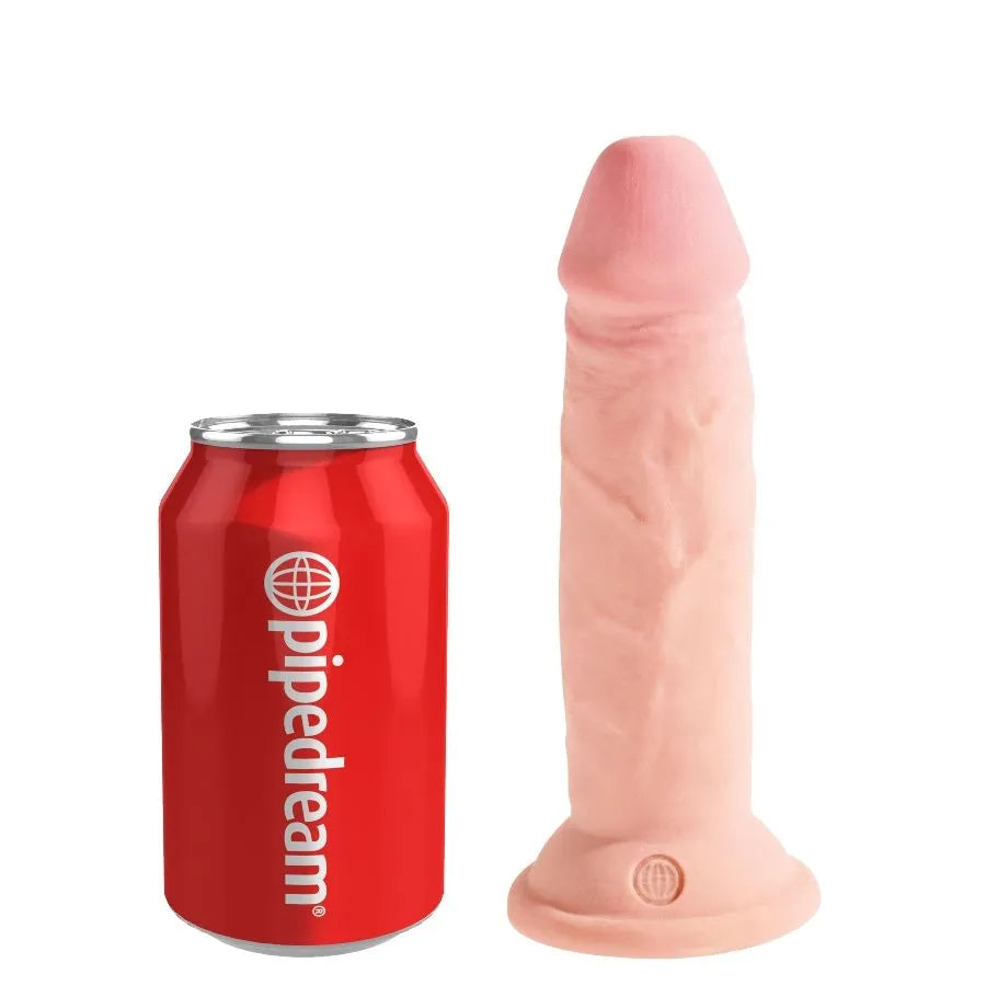 Gode réaliste triple densité beige avec ventouse, texture douce et détails réalistes, comparé à une canette rouge.
