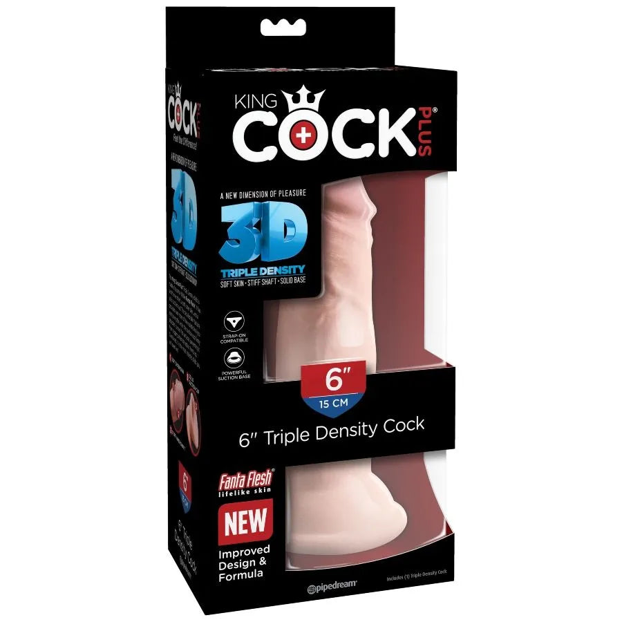 Gode réaliste triple densité beige avec ventouse, tige rigide et peau douce, dans une boîte noire et rouge.