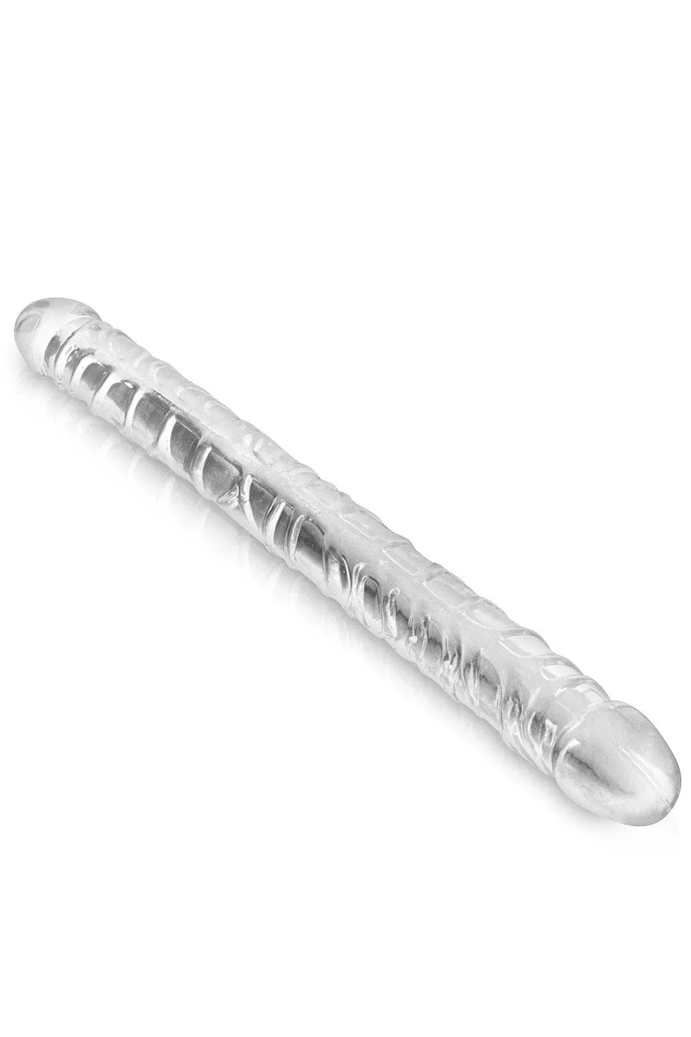 Gode ventouse double embouts cristal transparent, long veiné, matière gélatine souple, 34 cm, réaliste et intense.