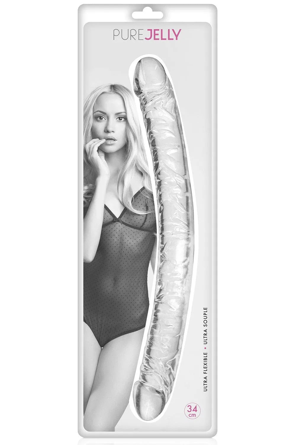 Gode ventouse double embouts cristal transparent, 34 cm, veiné, réaliste, matière Jelly souple, pour sensations intenses.
