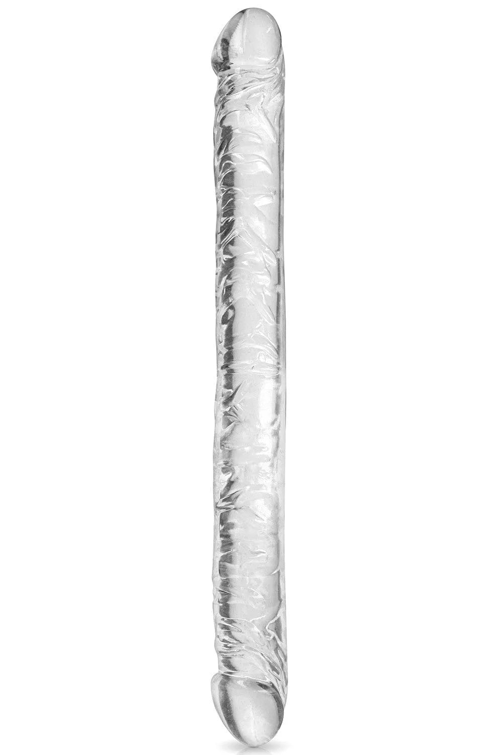 Gode ventouse double embouts cristal transparent, long corps veiné, matière Jelly souple, 34 cm, réaliste et intense.
