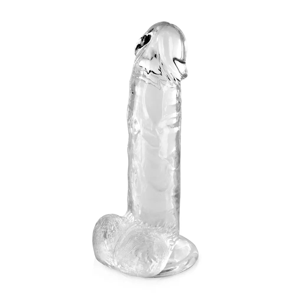 Gode ventouse transparent TPE 20cm, texture réaliste, gland et testicules, ventouse robuste pour usage mains libres.