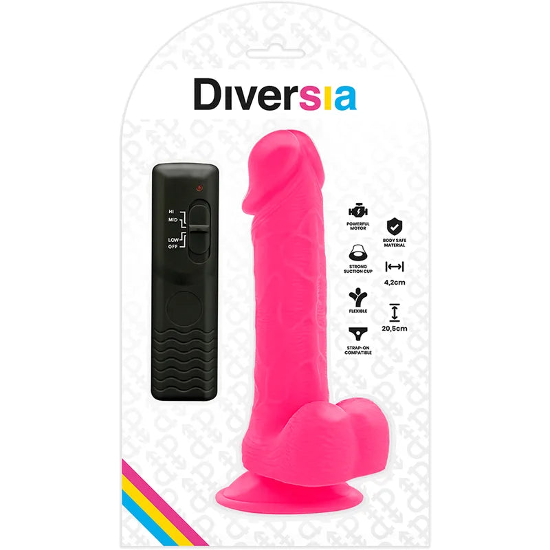 Gode rose flexible avec ventouse et télécommande noire, texture réaliste, par Diversia, pour plaisir mains libres.