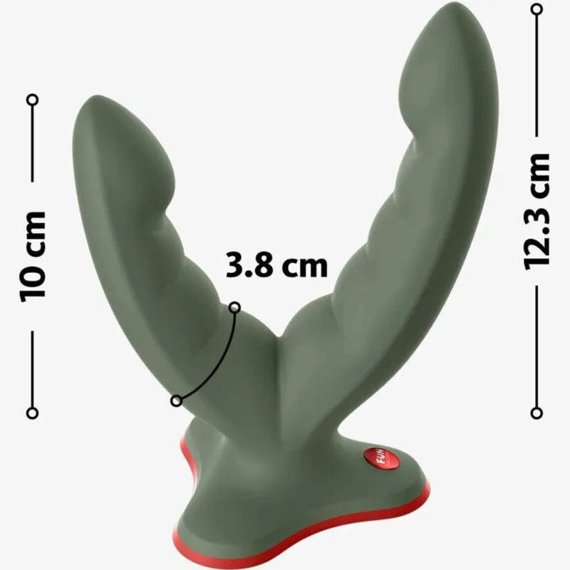 Gode ventouse texturé gris, double stimulation clitoridienne et anale, silicone étanche, crêtes, compact et discret.