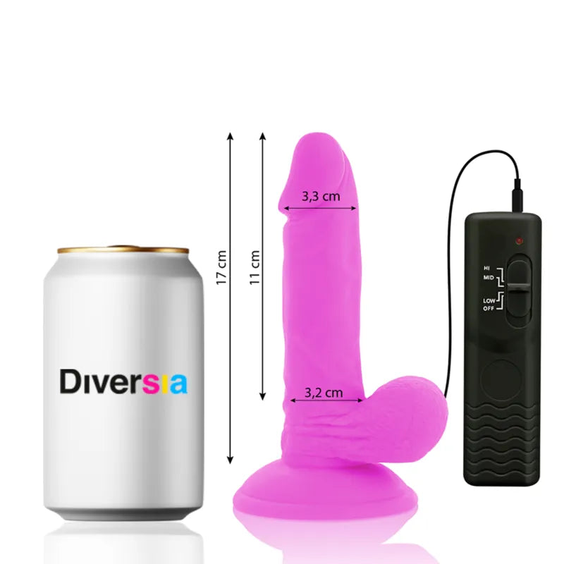 Gode ventouse rose flexible en TPE avec télécommande noire, 17 cm, comparé à une canette Diversia pour l'échelle.