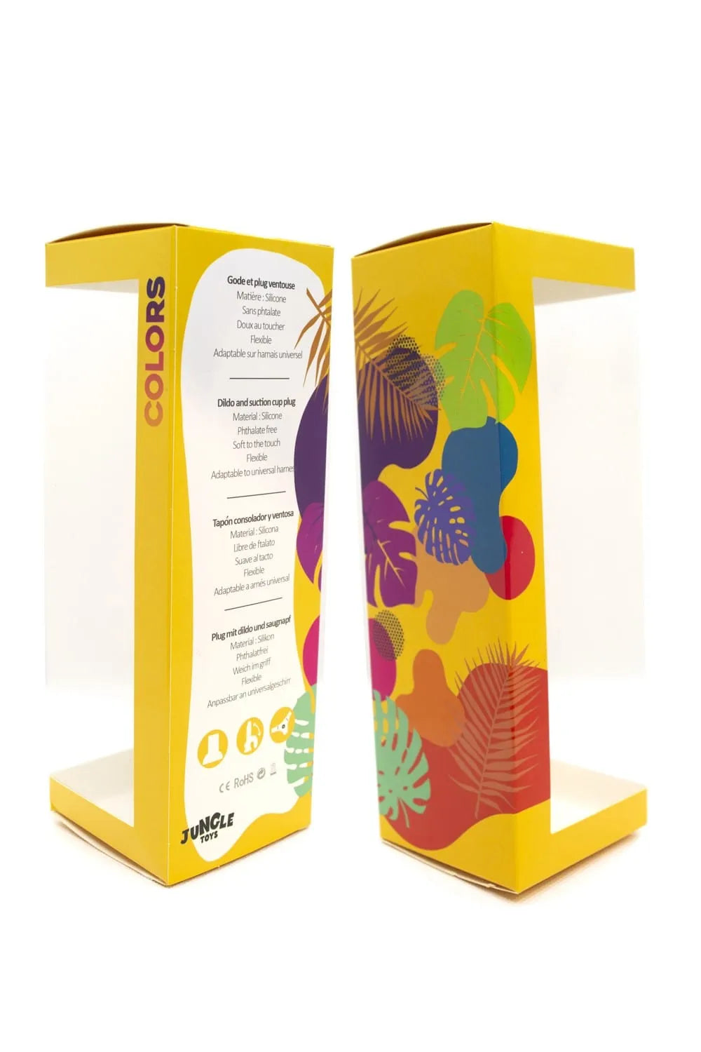 Gode ventouse multicolore silicone 22cm, design ergonomique, hypoallergénique, avec ventouse puissante, emballage vibrant.