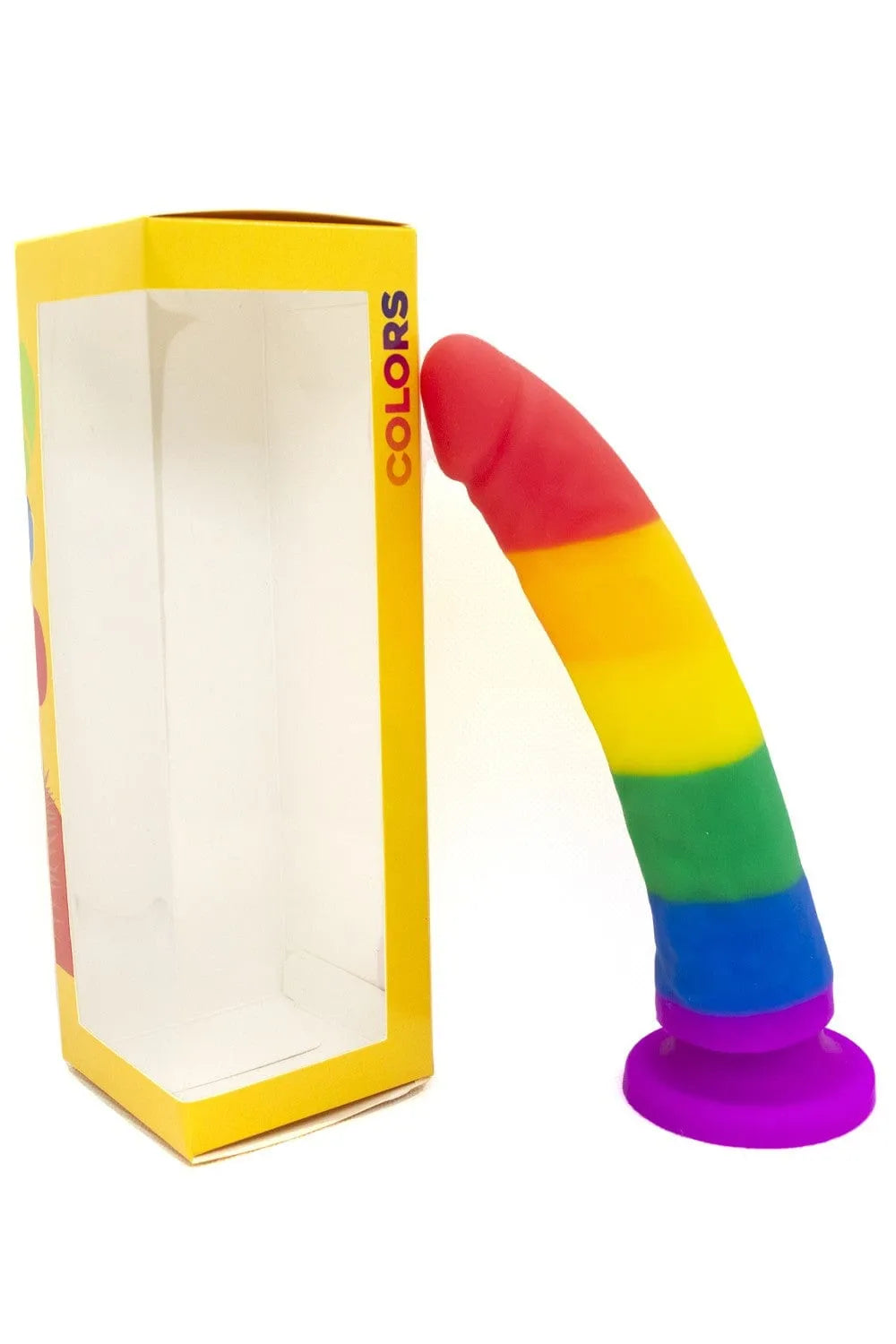 Gode ventouse multicolore silicone 22cm, forme ergonomique, hypoallergénique, avec boîte jaune Dreamy Toys Color.