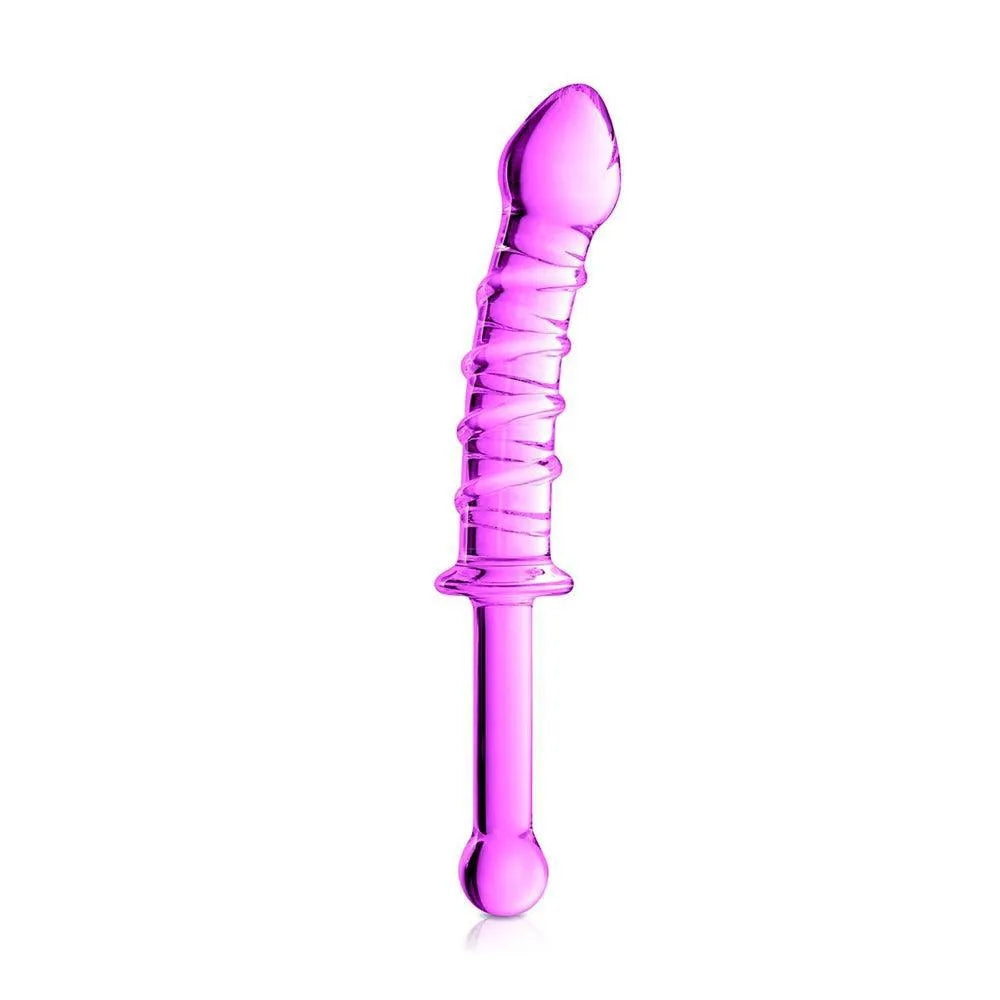 gode verre rose strié poignée 23cm 21mm 34mm 238g chauffable refroidissable compatible lubrifiants nettoyable pochette velours sensuel