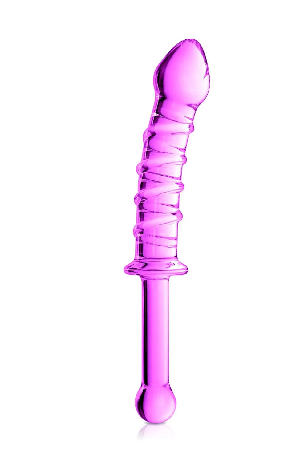 Gode en verre rose strié avec poignée, 23 cm, design élégant, chauffable et refroidissable pour sensations variées.