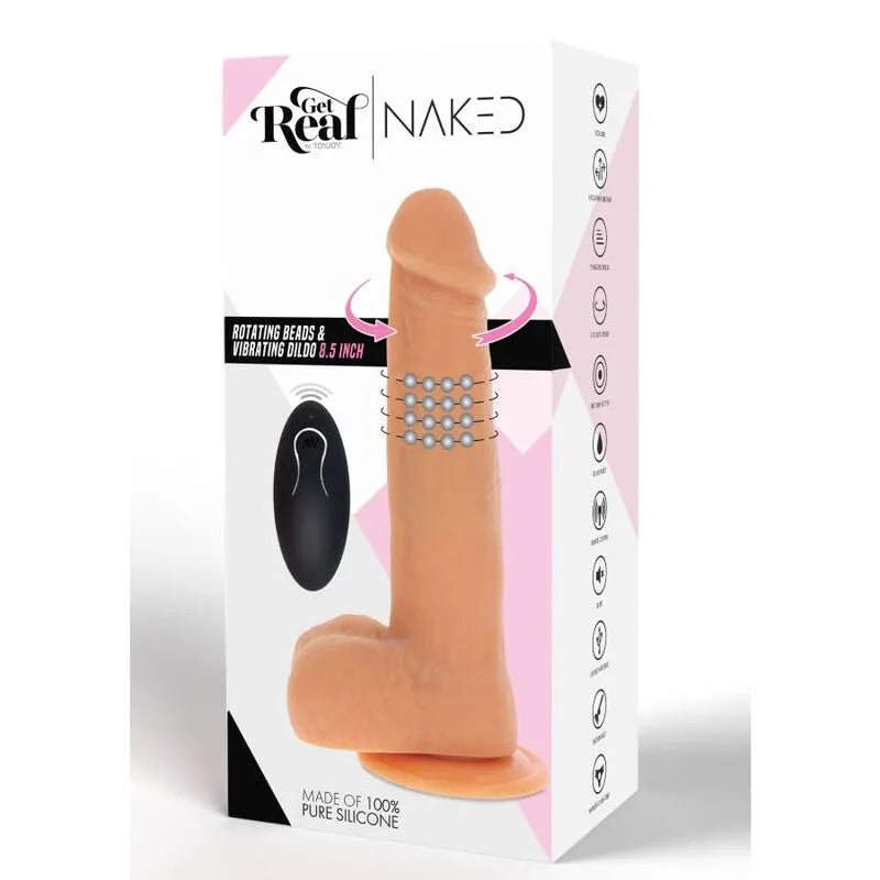 Gode vibrant réaliste silicone peau douce, perles rotatives, ventouse, couleur chair, étanche, rechargeable, ergonomique.