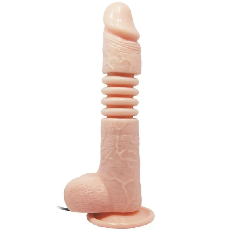 Gode vibrant réaliste beige avec ventouse, texture veinée, courbé, multivitesses, télécommandé, étanche et hypoallergénique.