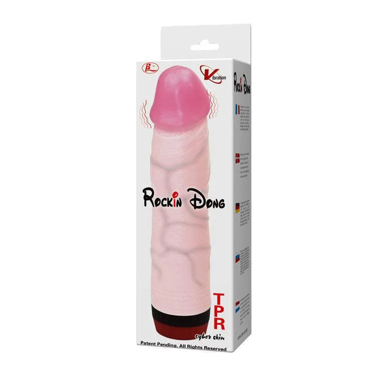 Gode vibrant réaliste rose en TPR, texture douce, tige sculptée, multivitesse, emballage illustré.