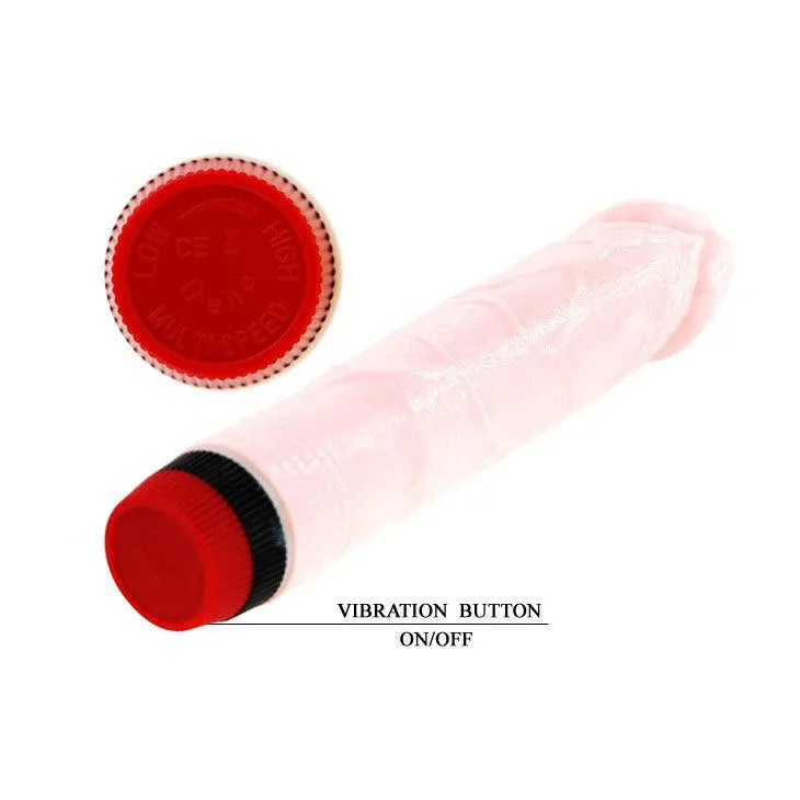 Gode vibrant réaliste extra large rose, texture douce, tige sculptée, bouton de vibration multivitesse rouge.