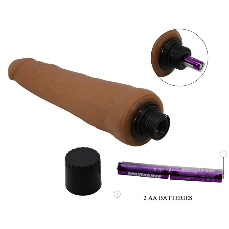 Gode vibrant réaliste mulâtre, tige veinée, tête texturée, multi-vitesses, matière thermoplastique, piles AA incluses.